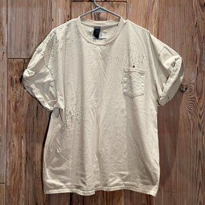 Mary Rich Distressed Tan Cotton T-Shirt With Pocket & Leather Trim Size 2